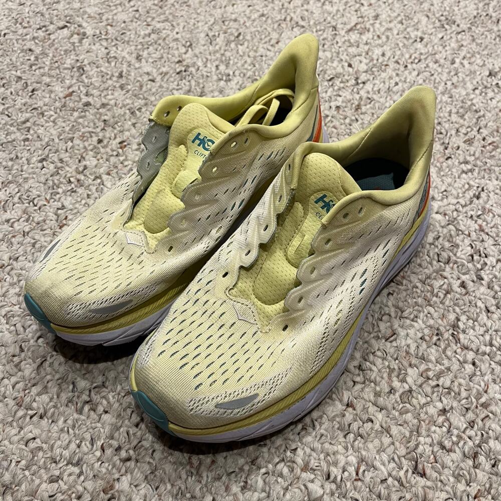 Hoka One One Womens Clifton 8 Running Shoes Sz 9.5 B Yellow Active Comfort